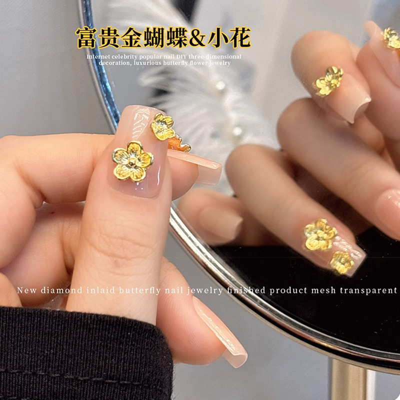 New Golden Nail Art Jewelry Internet Celebrity Hot Instagram Style Golden Flower Butterfly Alloy Rich Flower Decoration