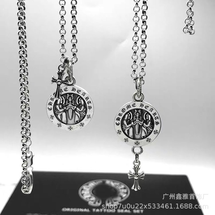 Crook round brand angel sword necklace men's European and American classic personality retro cross sword couple fashion brand hanging
