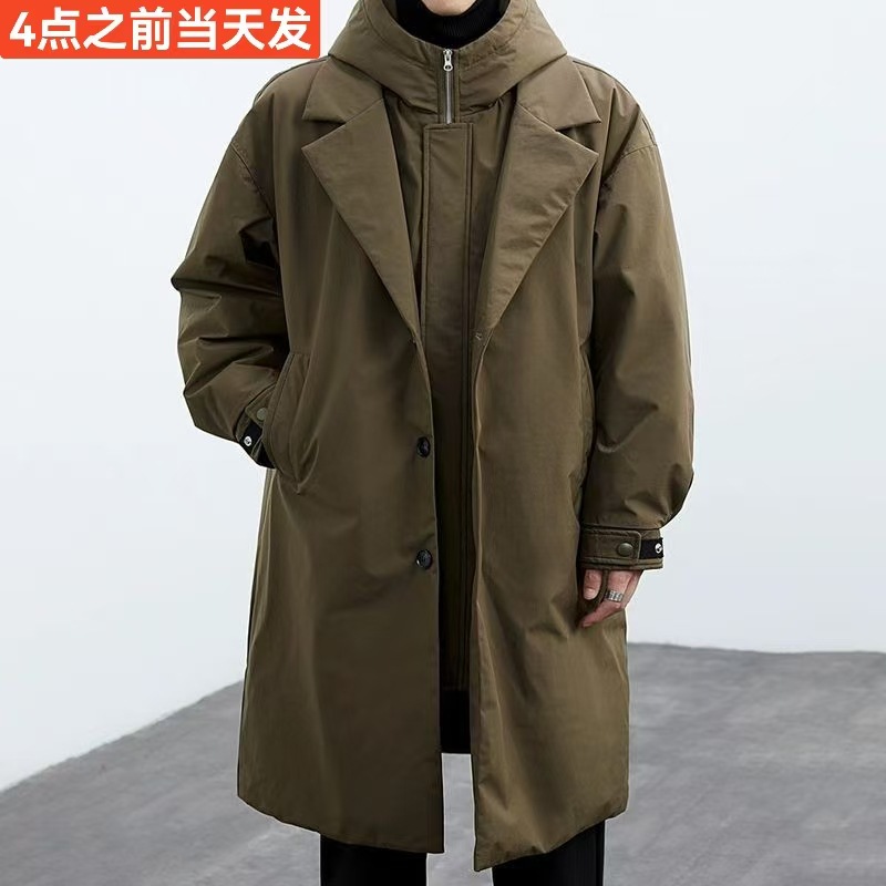 2024 Spring and Autumn New Korean Style Coat Jacket Men's Trendy Fake Two-piece Hooded Mid-length Windbreaker Parka Men
