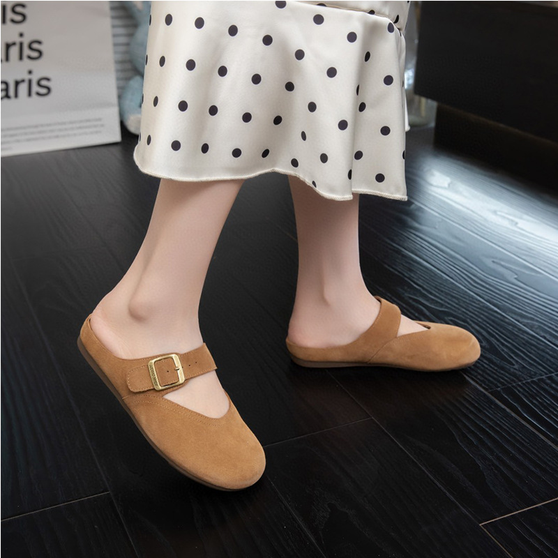 Genuine Leather Vintage Baotou Burken Shoes Women's 2025 Spring and Summer New All-match Slip-on Lazy Flat Outer Half Slippers