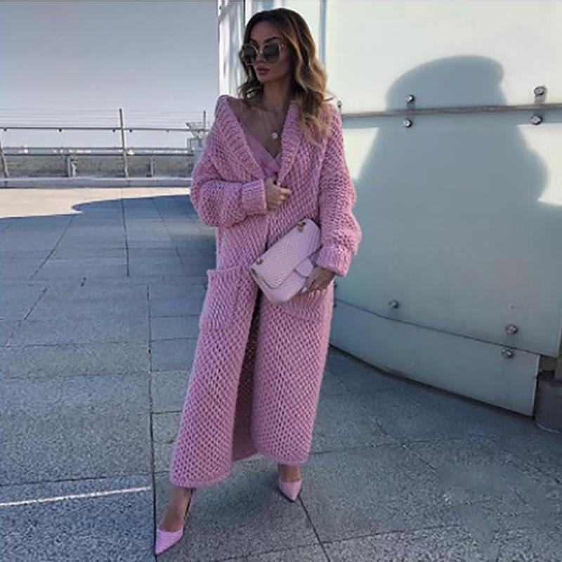 Cross-border Trade Winter European and American Lapel Knitted Cardigan Collage Solid Color Long Plus Size Women's Knitted Sweater Sweater