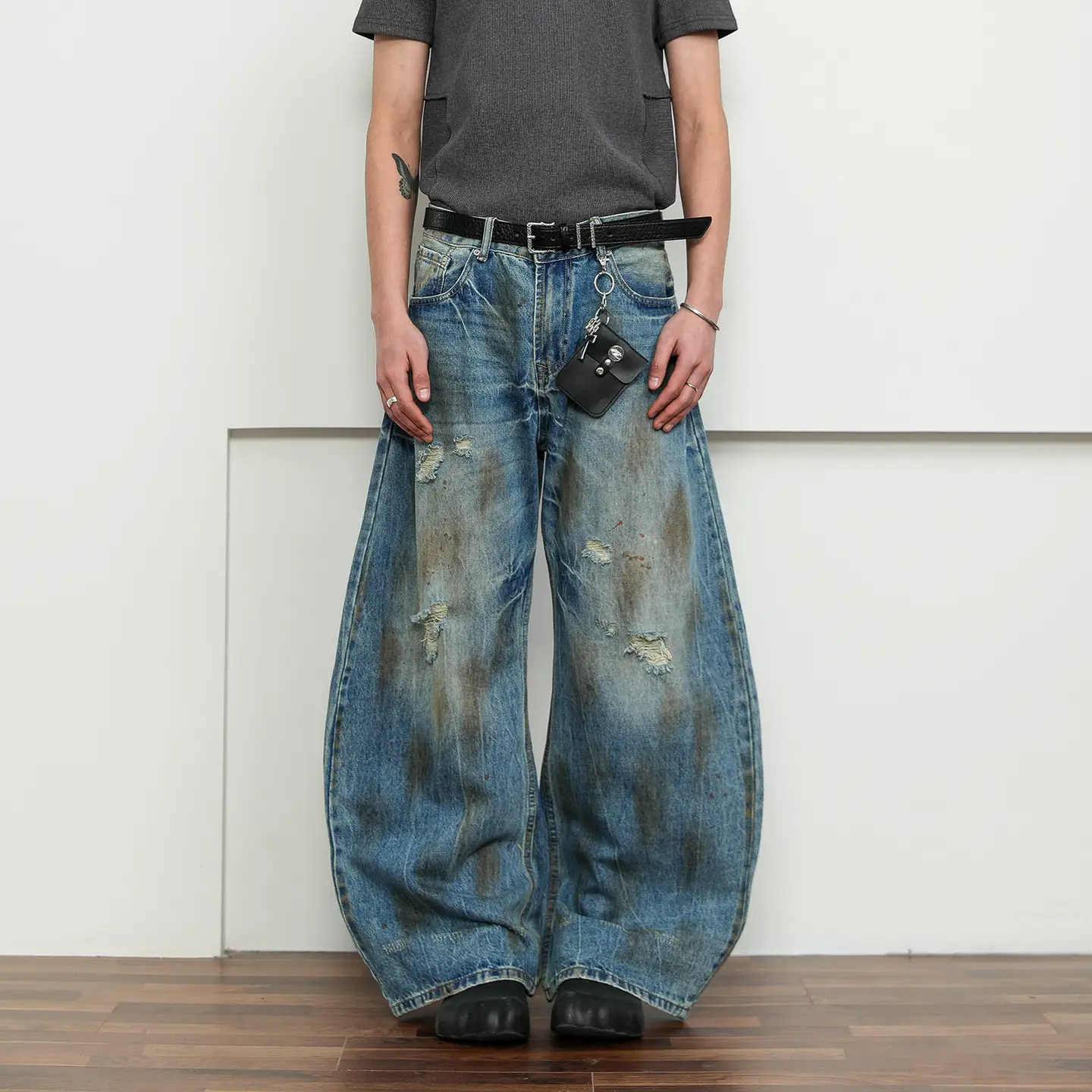 American-style Waste Soil Dirty Wash Hole Scimitar Jeans Men and Women's Niche Hip-hop Retro Wide Leg Baggy Trendy Pants