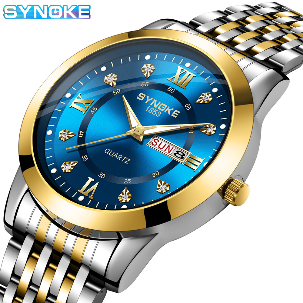 SYNOKE business quartz alloy watch steel band waterproof luminous explosion men's double calendar wrist watch fashion