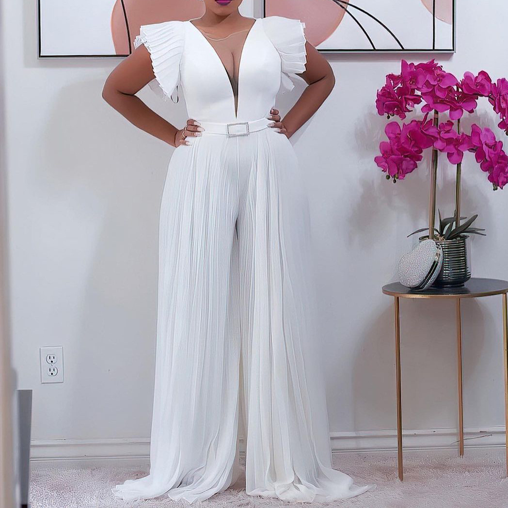 Independent Station Summer Deep V-Neck Perspective Mesh Stitching Pleated Waist Solid Color Wide Leg African European and American jumpsuit