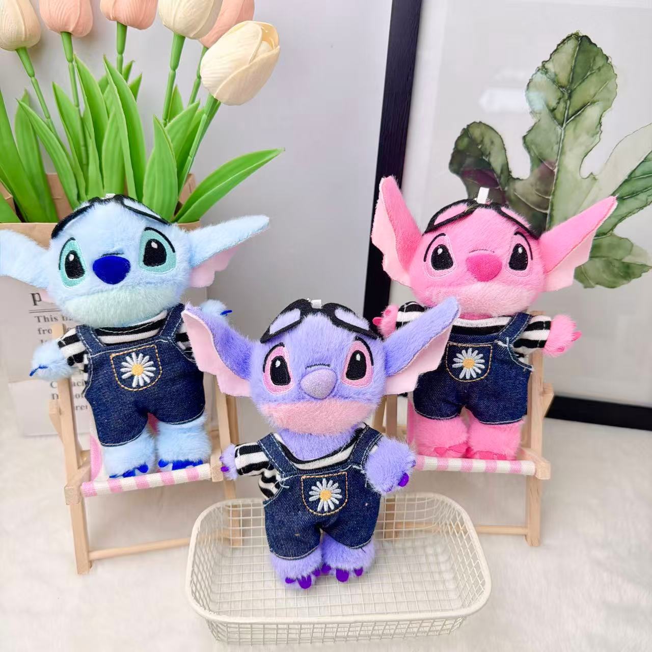 Popular Fun Plush Toy Denim Overalls Stitch Doll Keychain Cartoon Small Pendant Decoration Gift