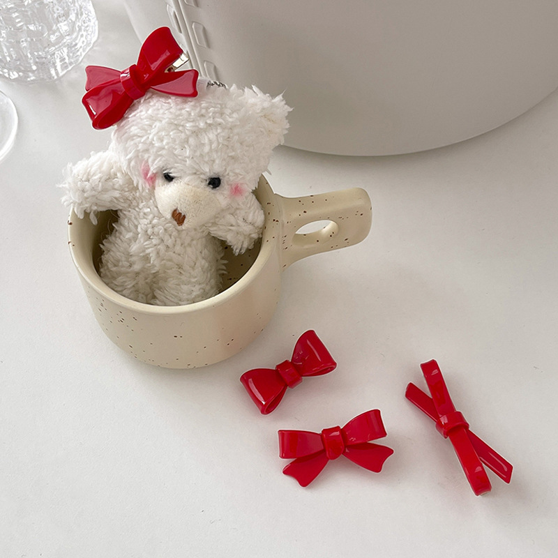 Vintage Palace Style Hairpin White Red Bow Bangs Clip Sweet Cute Side Clip Super Fairy Girl's Heart Hairpin