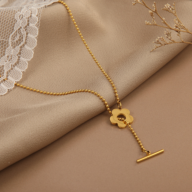 New titanium steel one word small flower necklace women K gold otbuckle clasp chain Joker ball bead chain simple jewelry wholesale
