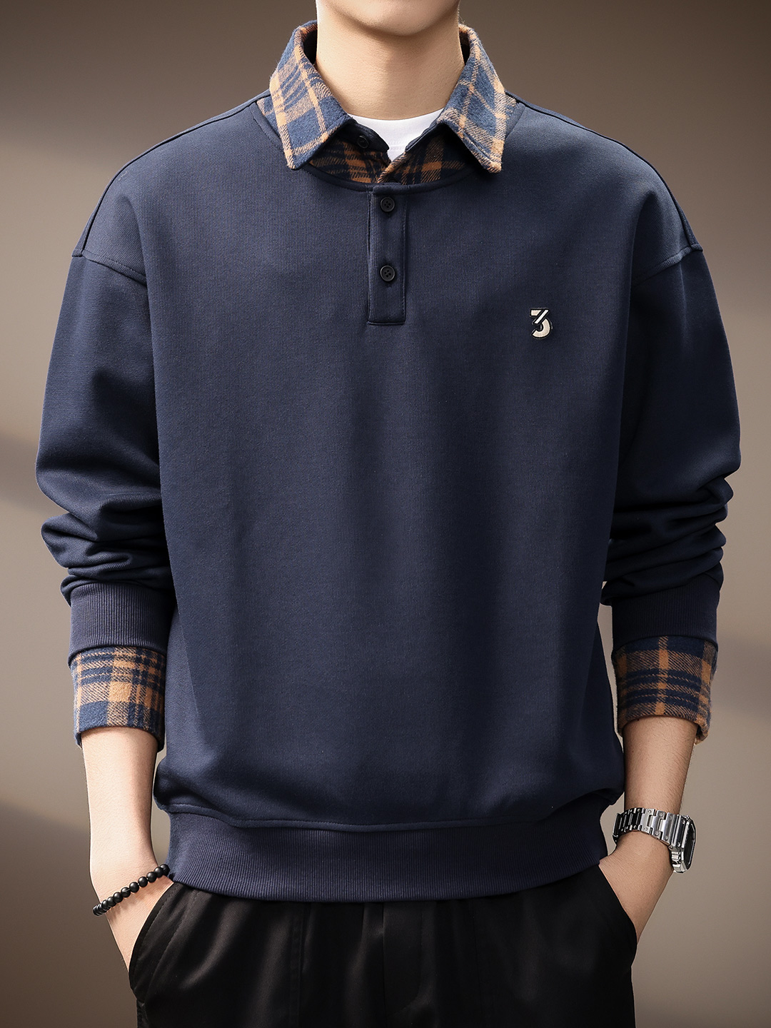 Japanese-Style Plaid Patchwork Faux Two-Piece Polo Shirt for Men, 2026 Spring and Autumn New Fashion Personalized Design Sweatshirt