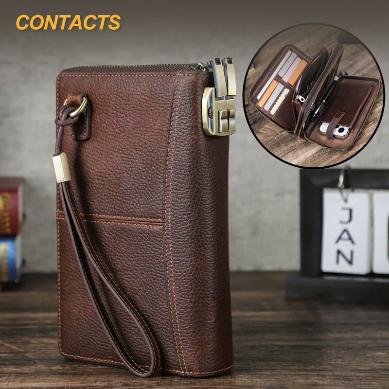 Black Angel Litchi Leather RFID Anti-theft Brush Double Zipper Clutch Wrist Strap with Password Lock Travel Passbook Bag