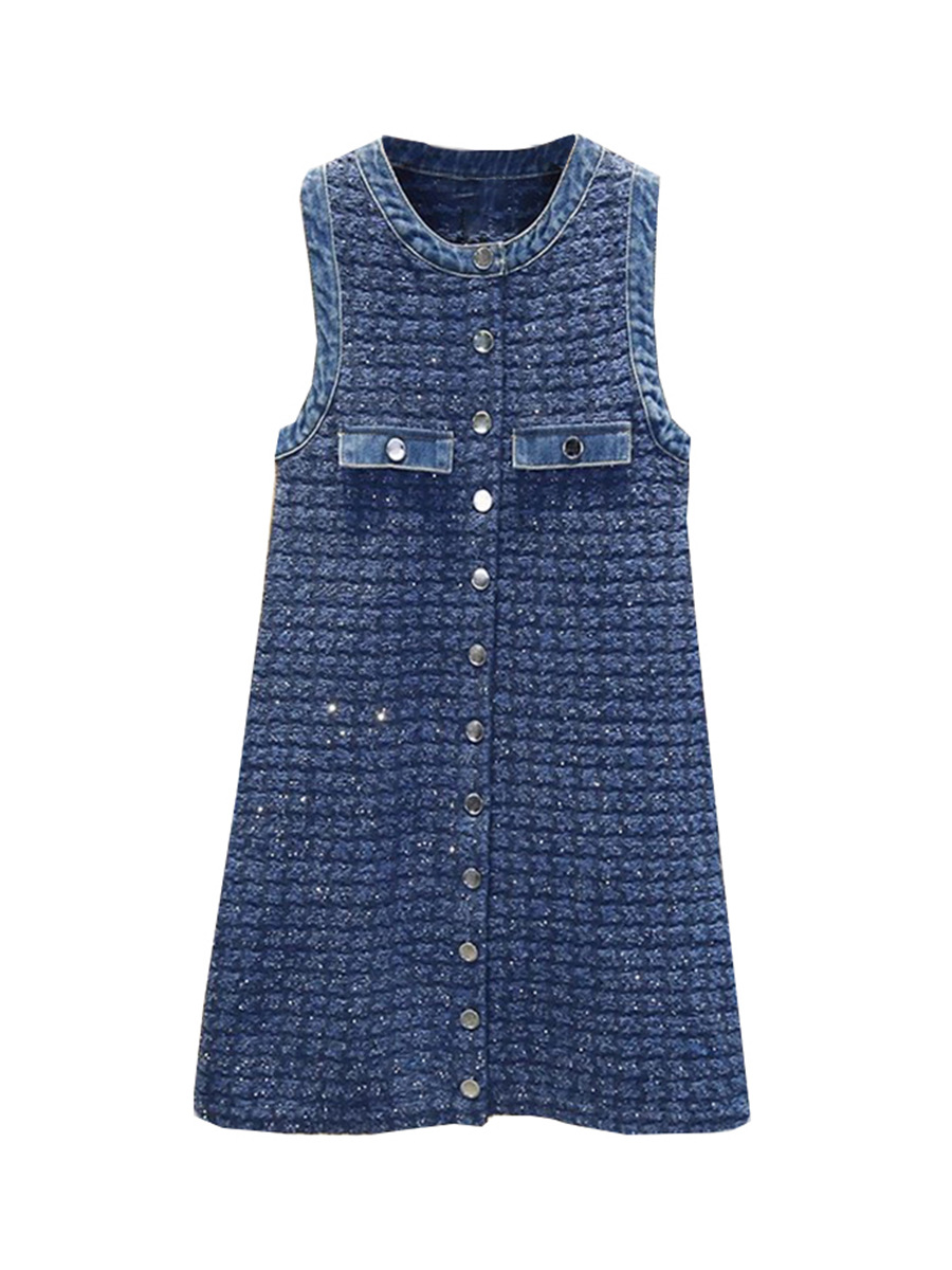 French single S home 2024 spring and summer new Denim stitching round neck sleeveless knitted dress plaid Chanel style ins