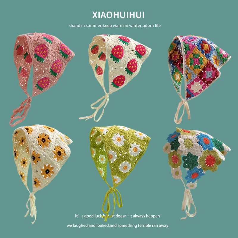 Spring and Autumn Travel Ins Sweet and Loving Style Handmade Knitted Hair Band Women's Hair Accessories Knitted Crochet Tape Summer Triangle Scarf