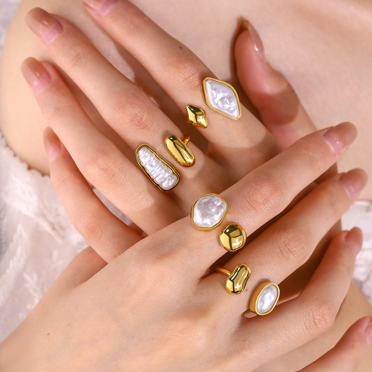 Cross-Border Irregular-Shaped Pearl Gold Ring, Light Luxury, High-End Feel, Versatile Open Ring for Women, Non-Fading, Niche Hand Jewelry Wholesale