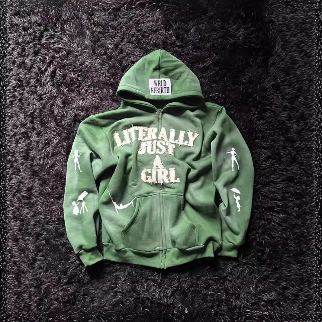 【2.10-2.26放假停发】American Y2K Hip-Hop Letter Patchwork Embroidered Zip-Up Hoodie Top