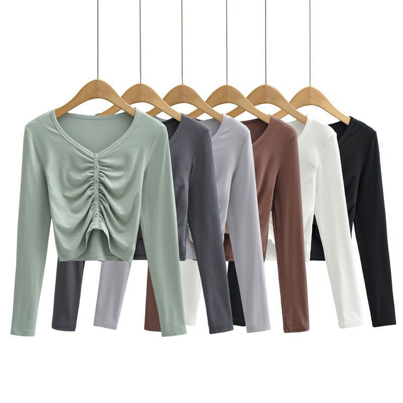 European and American Retro Style INS Blogger's Pleated Long Sleeve V-Neck Cardigan T-shirt with Navel Exposed Slim-Fit Slimming Short Top