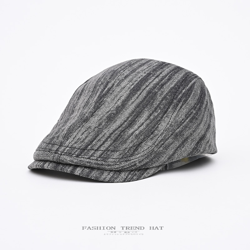 Vintage Striped Washed Denim Forward Cap for Men and Women, Summer and Autumn Literary Beret, Reversible Newsboy Cap