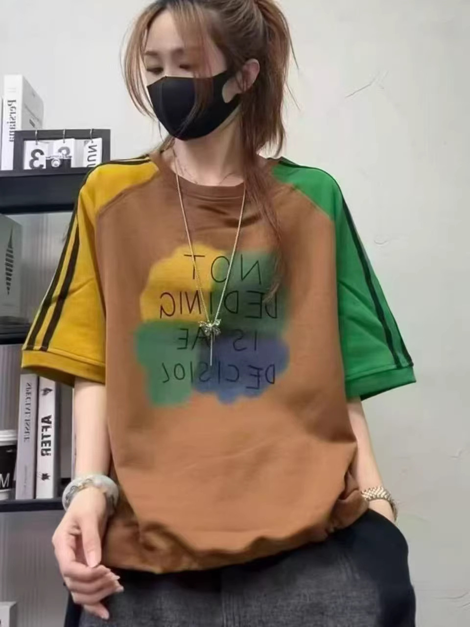 26 Summer Style T-Shirt Short-Sleeved Women's Color-Blocked Sleeves Loose Casual Pullover College Style T-Shirt Top Skin-Friendly