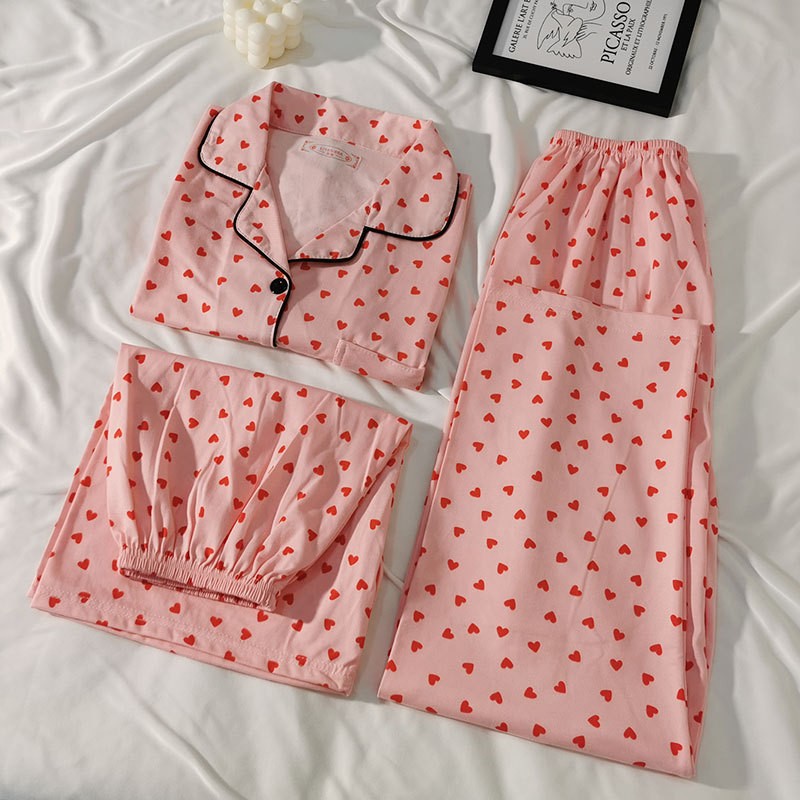 Sweet and Cute Pure Cotton Pajamas for Women, New Summer Style Short-Sleeved Three-Piece Set, Shorts and Long Pants, Girls' Home Clothes That Can Be Worn Outside