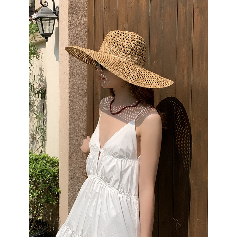 Side cm Large Brim Hollow Breathable Straw Hat Vintage Summer Seaside Vacation Beach Jazz Western Denim Hat
