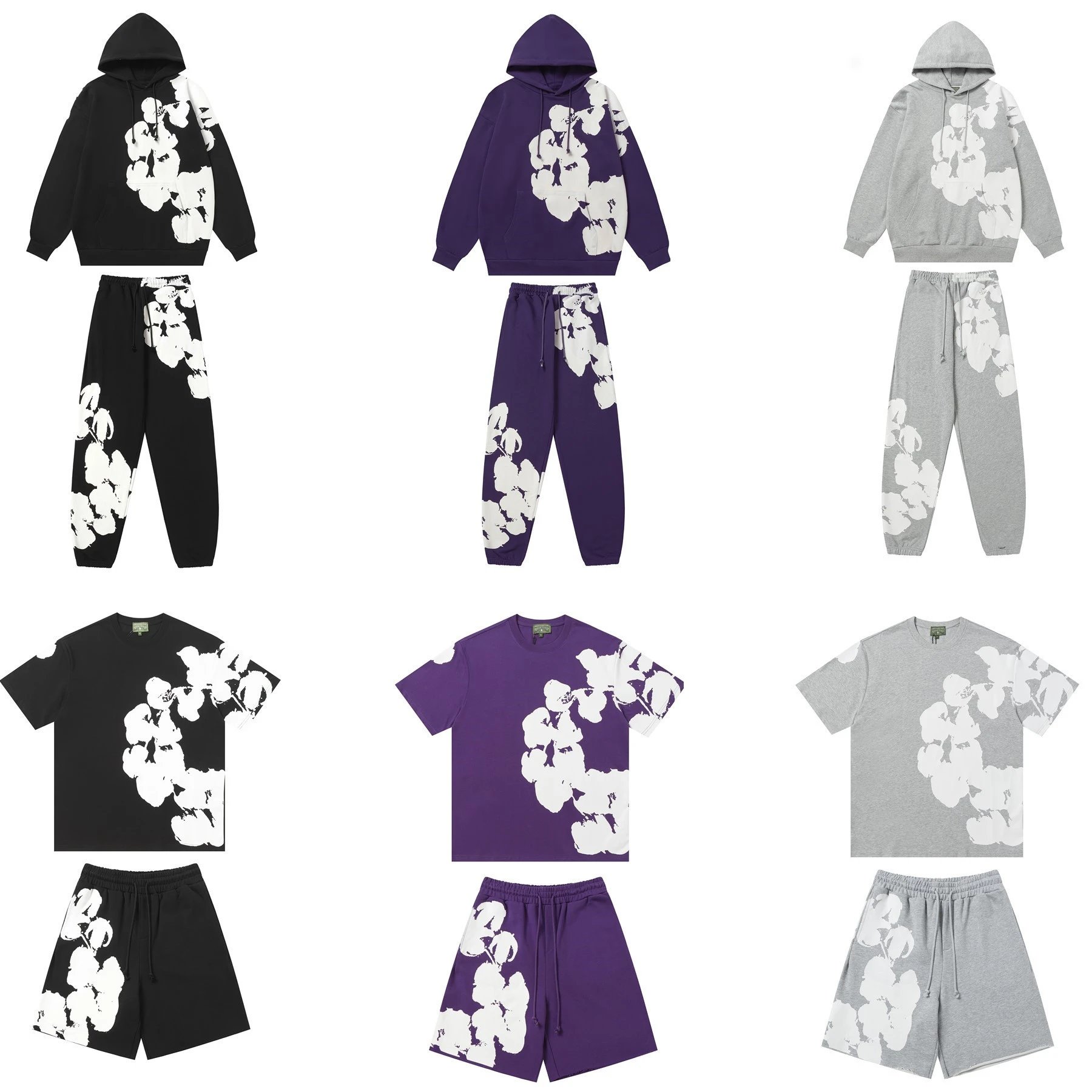 25S高品质D.T新款木棉花美式HOODIE时尚印花连帽宽松长裤卫衣套装