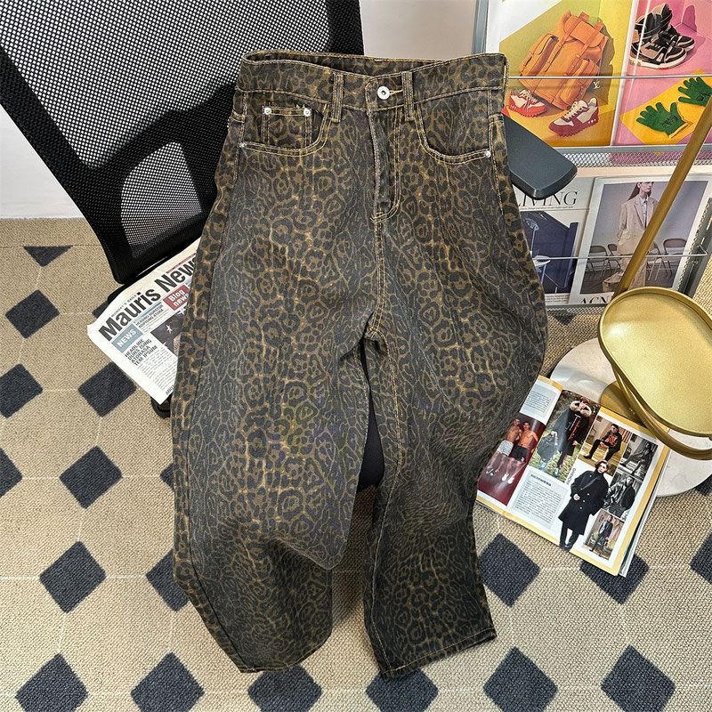 American Style Retro High Street Leopard Print Wide Leg Jeans Men's Trendy Brand Street Design Sense Loose Straight Casual Long Pants QC-foto från 1688 på Qualit.ly