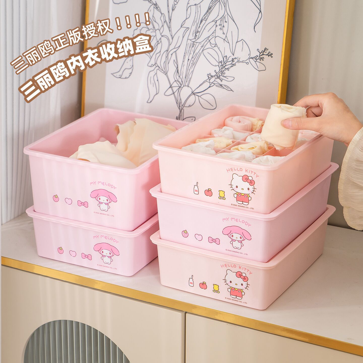 Sanrio Officially Licensed Hello Kitty Underwear Storage Box with Compartments, a Household Drawer-Style Organizer