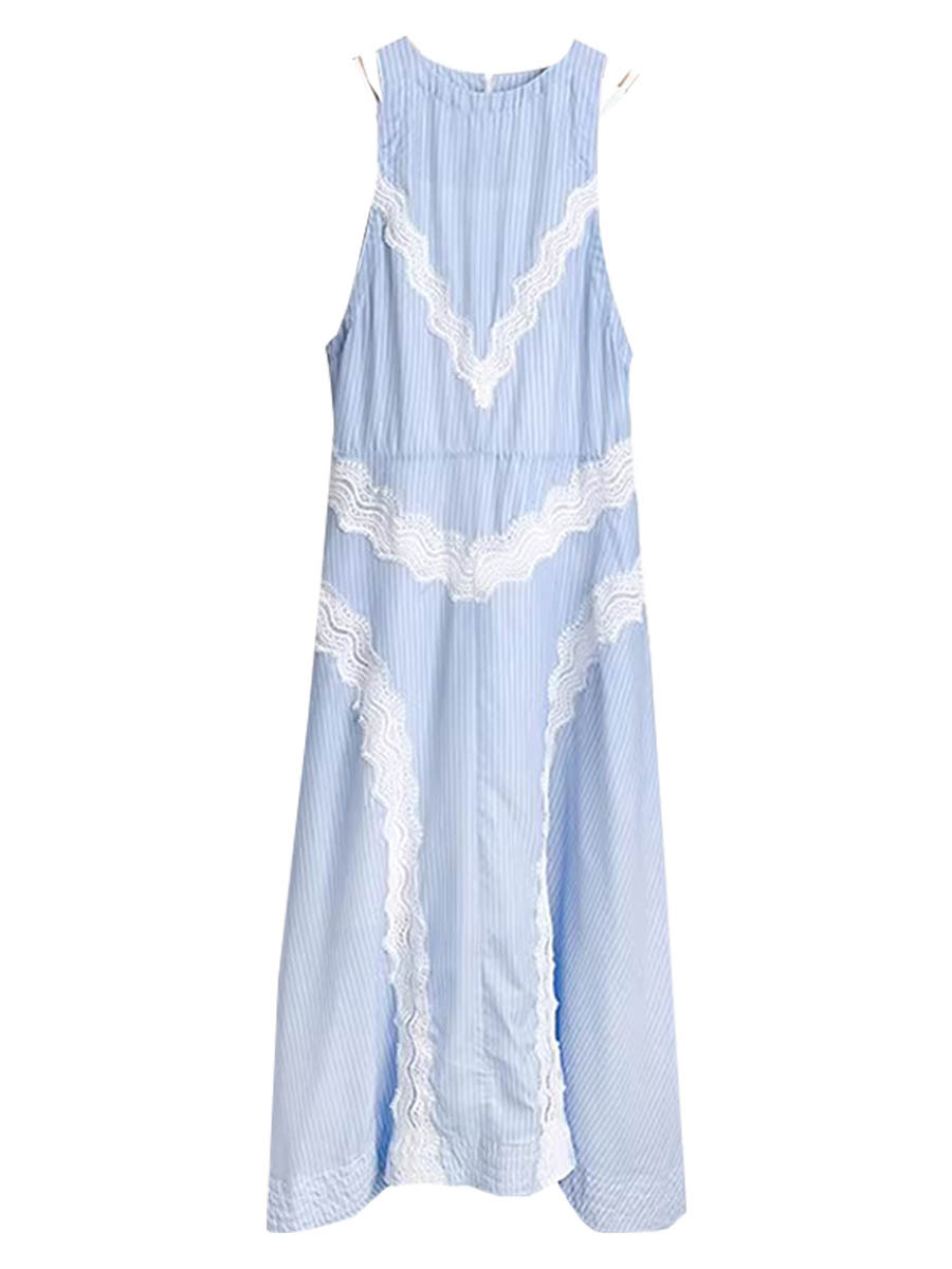 French-Style S Brand 2026 Spring/Summer New Blue Vertical Stripe Vacation Sleeveless Vest Lace Hollow-Out Slimming Shoulder-Revealing Dress