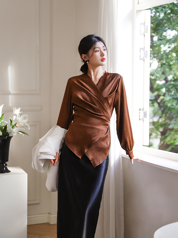 Feiyuan V-Neck Shirt with Tie, Pleated Hem, Long Sleeves, Waist-Cinching, 2026 Spring New Women's Fashion, Cross-Border, Elegant and Graceful