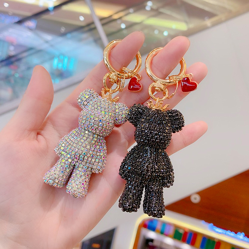 Fashionable Full Diamond Medium Bear Doll Car Keychain Female Cute Bear School Bag Pendant Keychain Small Gift