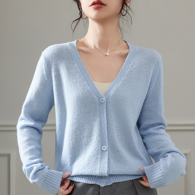 2026 Spring New Korean Style Mohair V-Neck Knitted Cardigan Pure Color Loose Versatile Top Jacket for Women