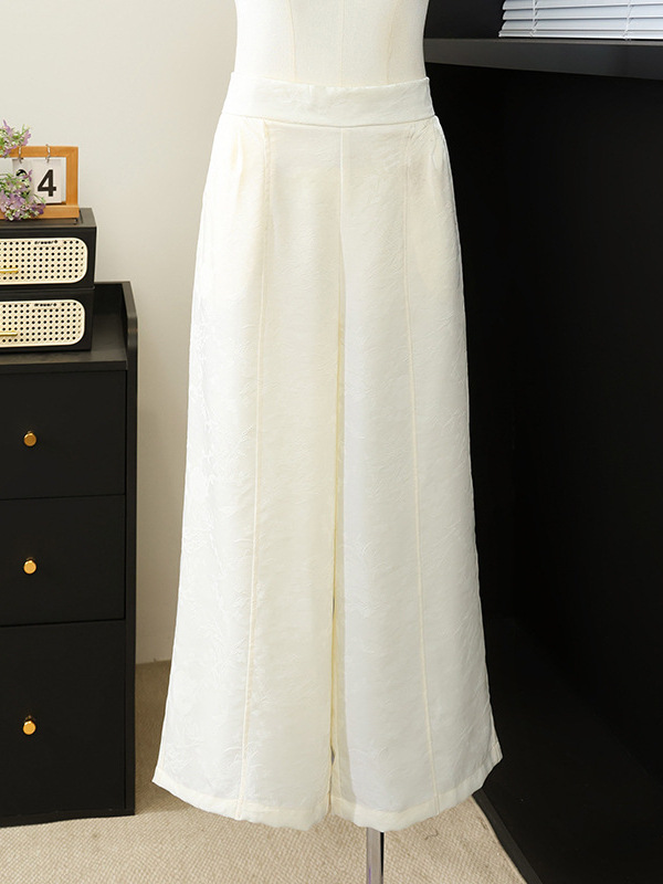 High-End Summer Thin Style Chinese Retro Jacquard Silk Satin Wide-Leg Pants for Women, Middle-Aged Mom Pants, Slimming and Versatile
