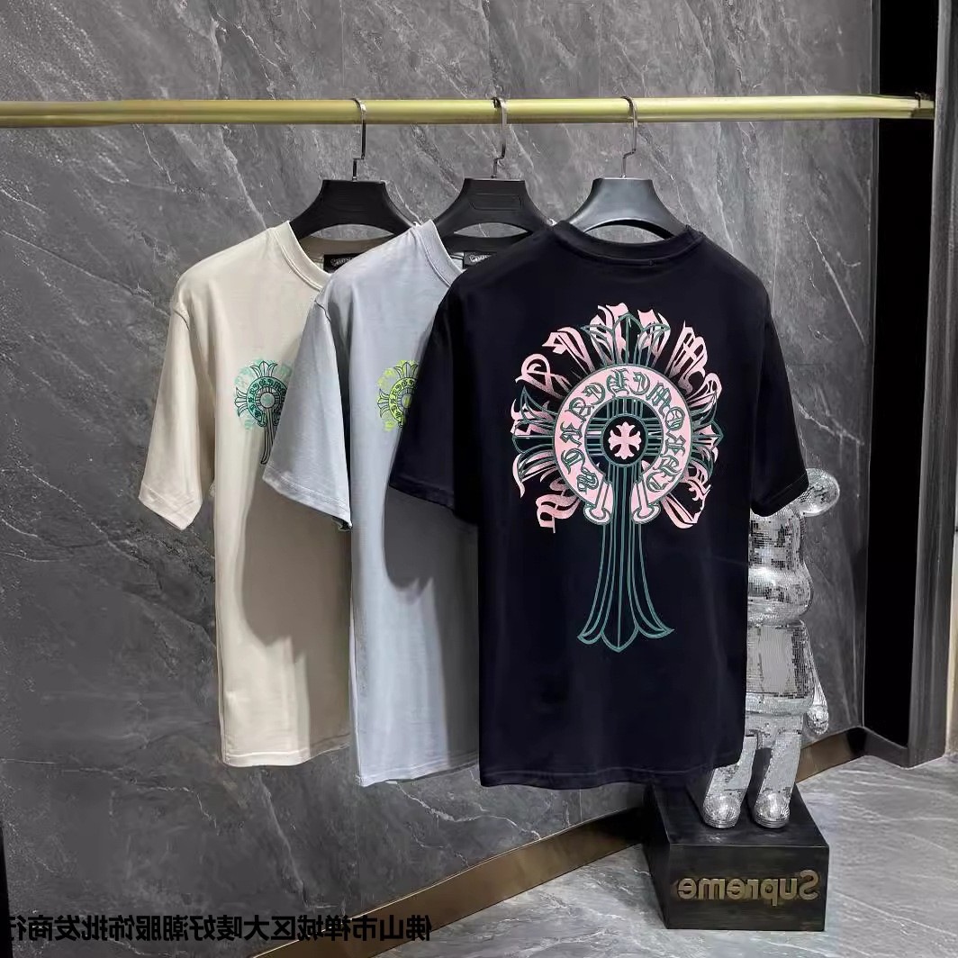 Correct Version of Chrome Hearts23Ss Colorful Horseshoe Buckle Cross Short-Sleeved Men's Pure Cotton Large Size T-Shirt