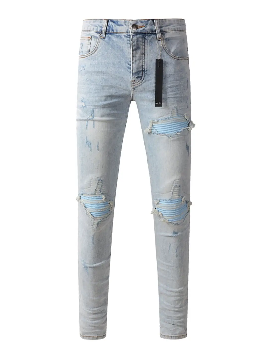 High Street Fashion Brand Amr New Arrival Light Color and Water Scrubbing Ground White Hole Denim Men's Blue Patch Elastic Silm Skinny Jeans