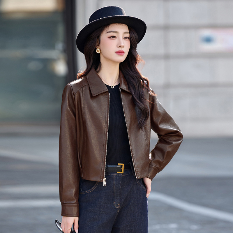 Women's Leather Jacket with Lapel Collar, 2026 Spring New Style, Loose Fit, Petite, Vintage, Versatile, Short, Coffee Color Jacket
