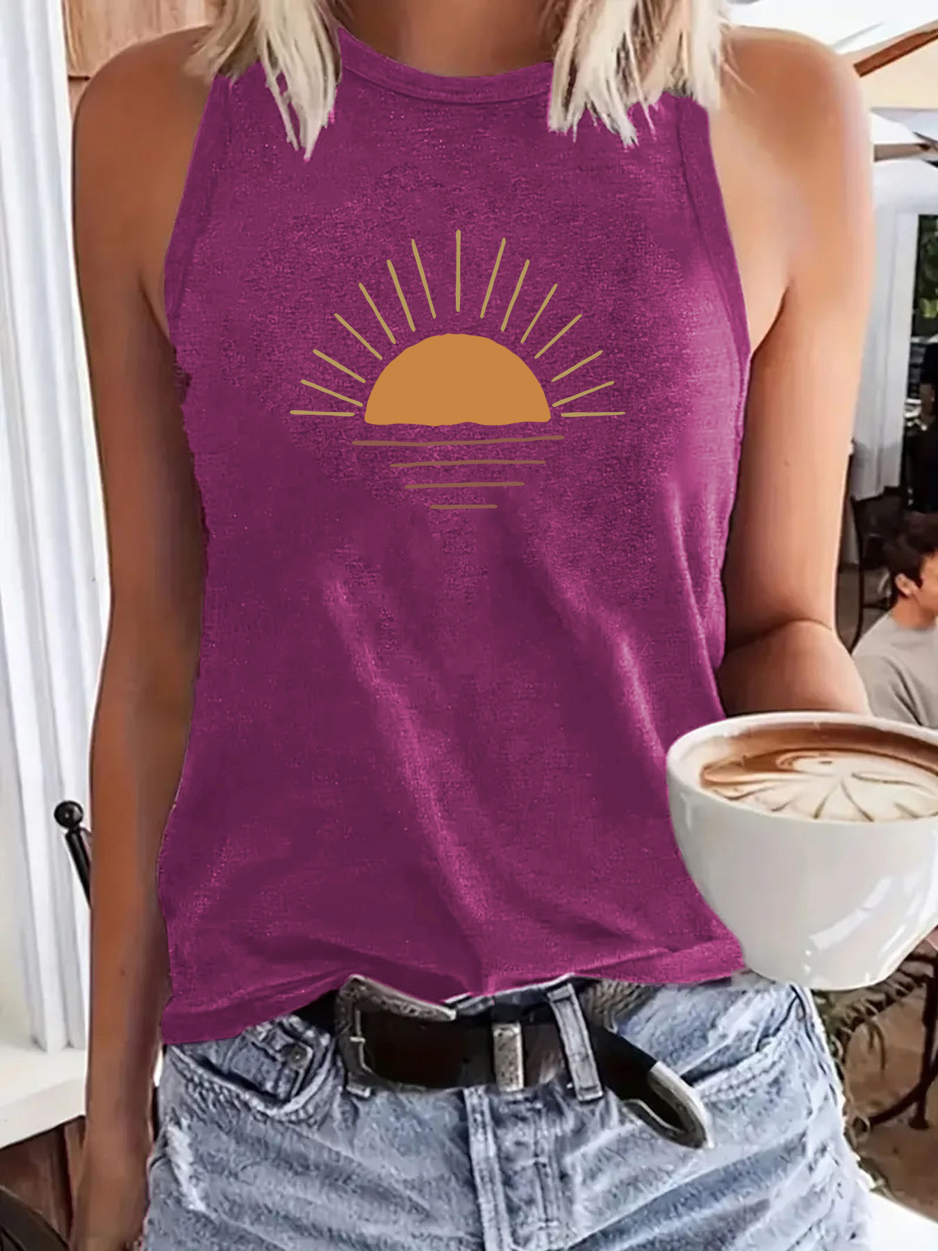 Aliexpress Amazon Hot Sale Summer Sunrise Printed Round Neck Vest Spring and Summer Casual Sleeveless Top T-Shirt for Women