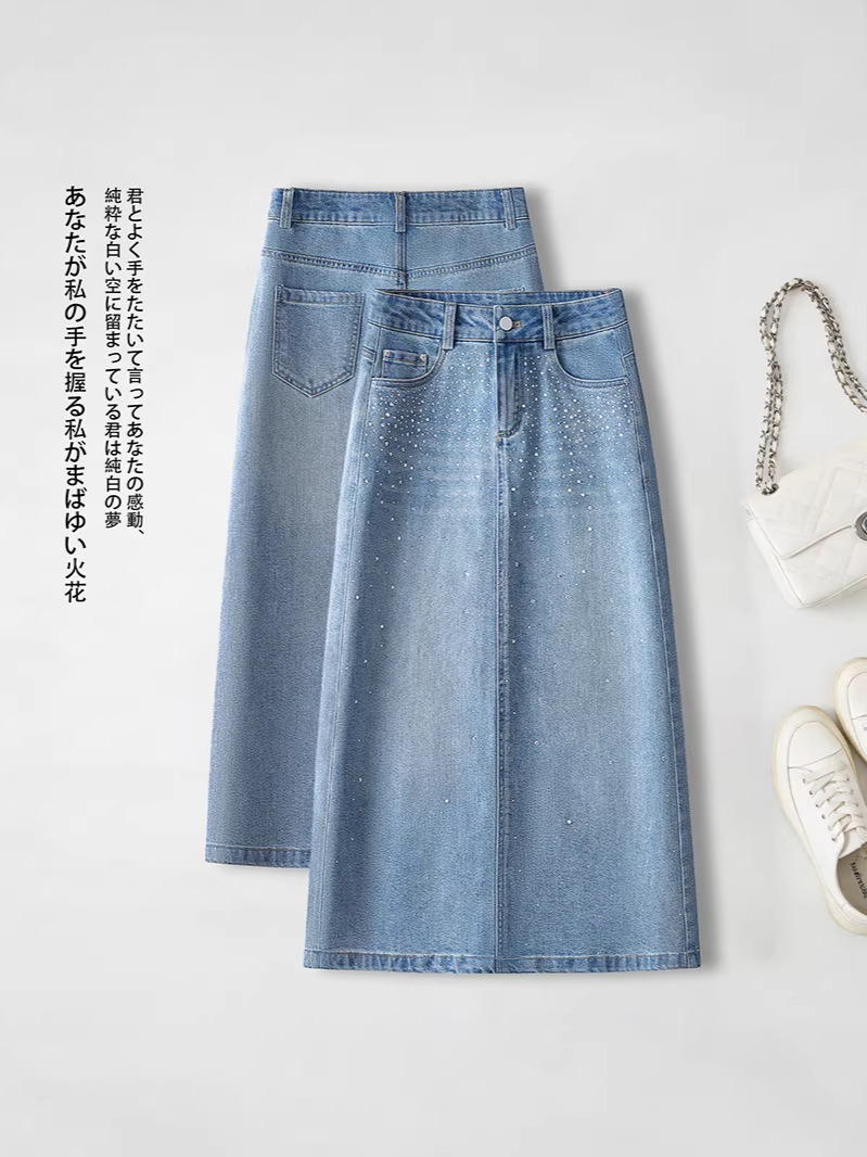 2026 Spring/Summer New Style Heavy Rhinestone Embellished Denim Skirt for Women, High Waist Mid-Length A-Line Skirt, Blue Casual Skirt