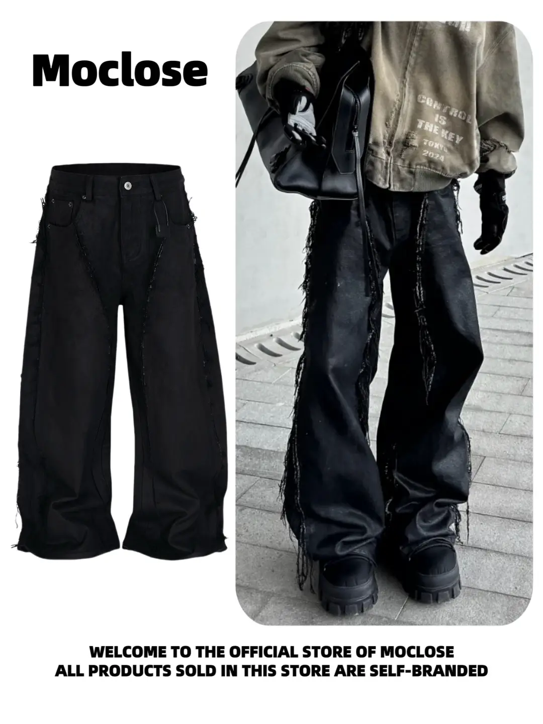 Moclose American Street Retro Destroyed Whiskers Hand-Brushed Waxed Jeans for Men and Women Loose Wide-Leg Scimitar Style