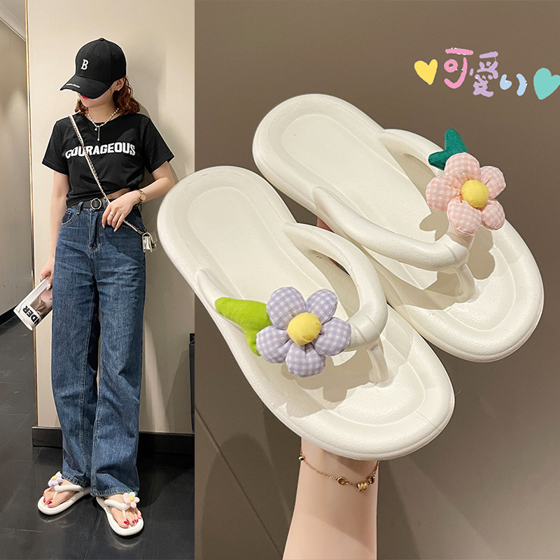Cute Flower Flip-Flops Women's Summer Outer Wear Fashionable Non-Slip Beach Clip Instagram Style Seaside Thick Slippers