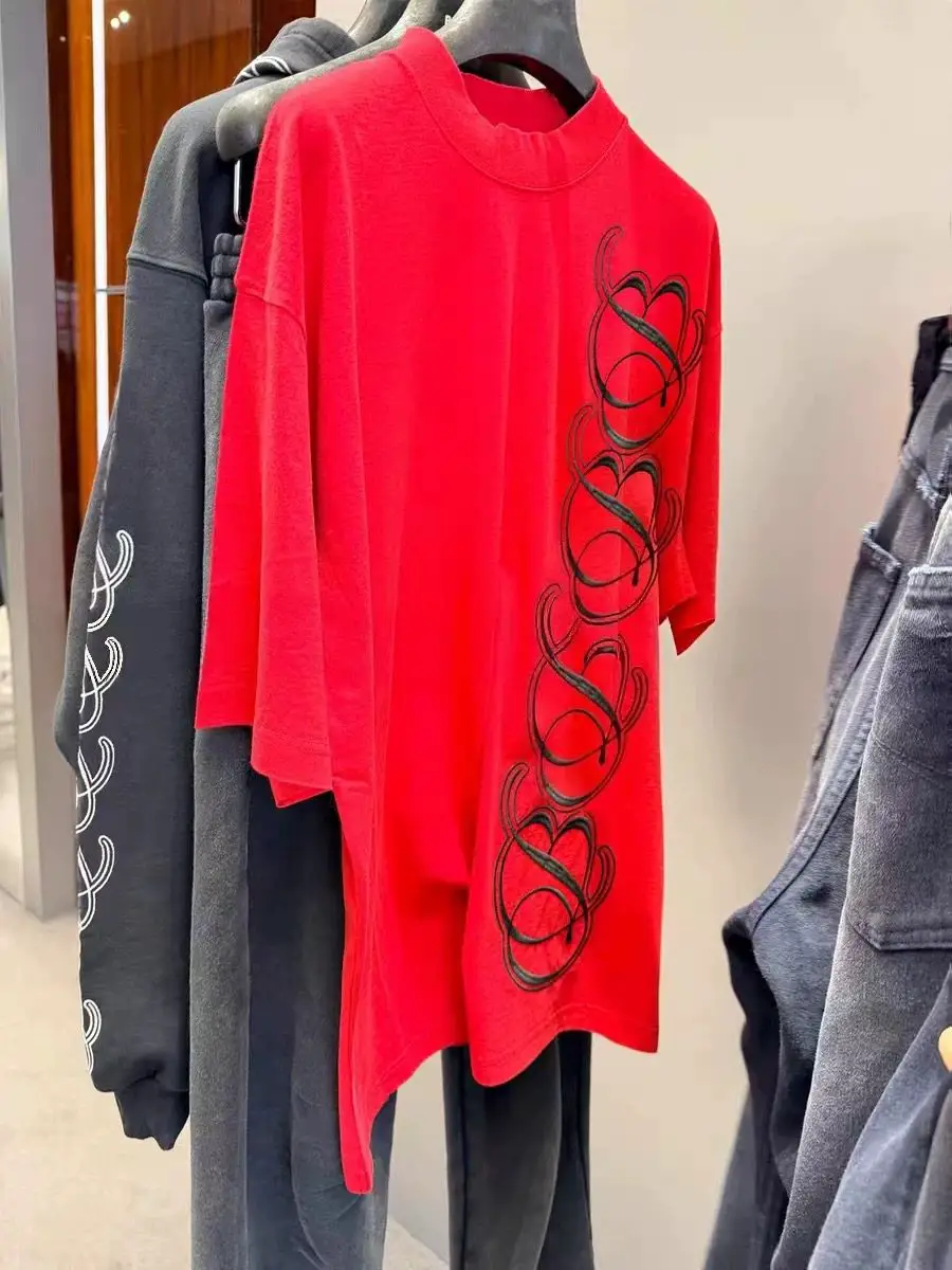 Ceiling! Paris Style 26Fw Year of the Horse New Year Red Embroidered Short-Sleeved Men's and Women's Summer New Loose Cotton T-Shirt