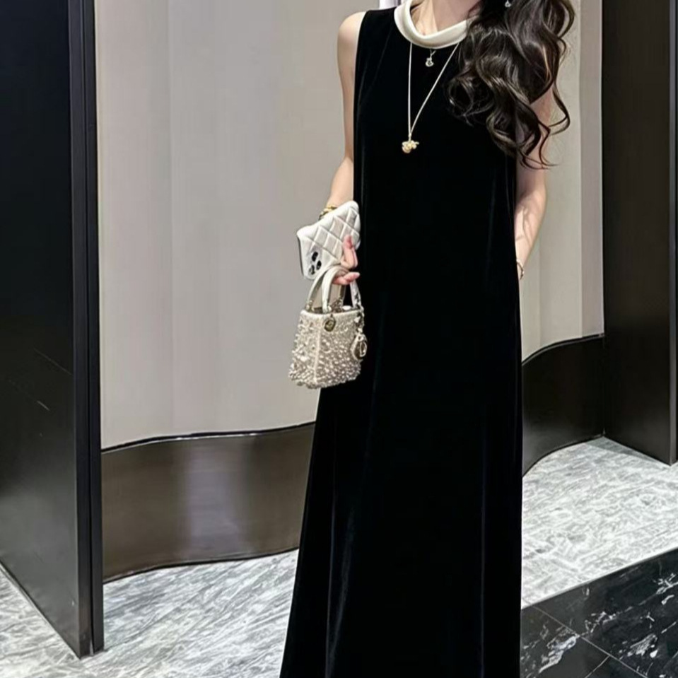 Nanyou 2026 Retro Silk Velvet Color-Blocked Acetate Collar Sleeveless Vest Dress Summer Elegant Commuter Long Dress