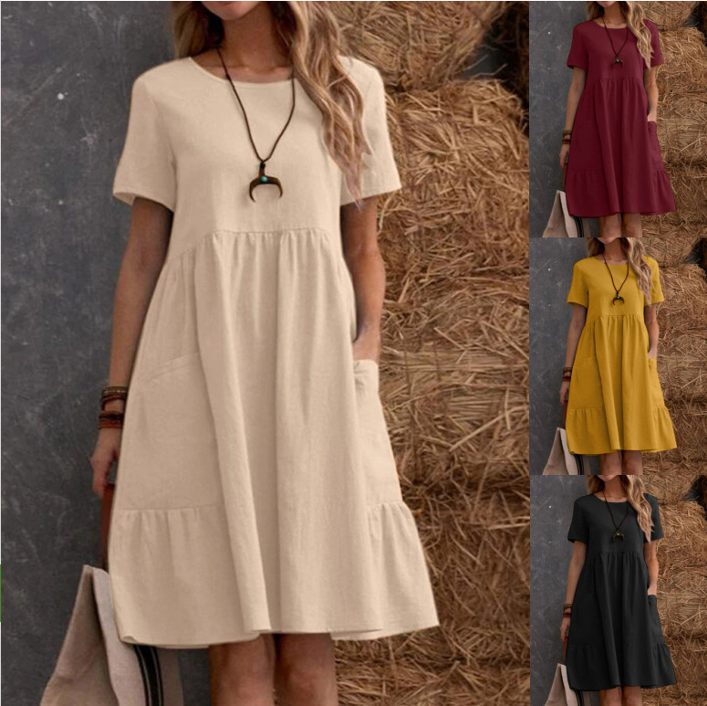 2026 Summer European and American Cross-Border Temu Independent Site Vintage Loose Pocket Solid Color Round Neck Women's Cotton and Linen Dress