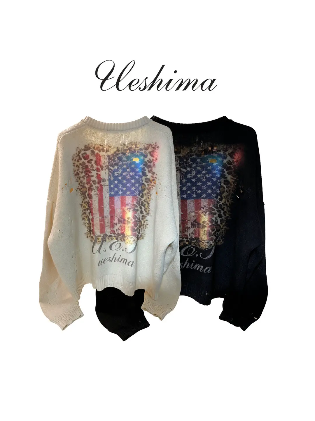 「Ueshima」*Leopard Print Navy Blue Flag Cardigan Sweater*Vintage Warm Knitwear Jacket