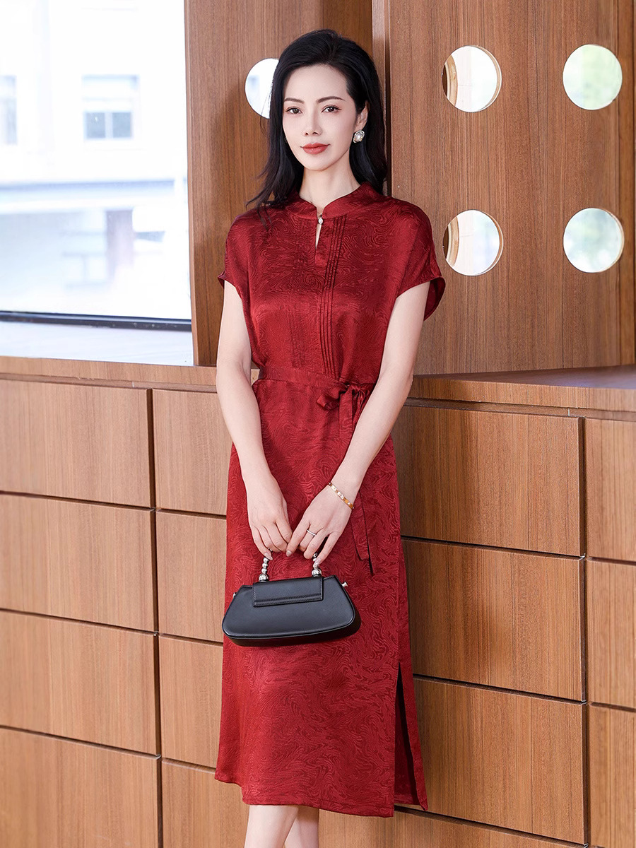25 Hangzhou Real Silk Guanle Crepe Xiangyun Yarn Women's Summer New High-end Mulberry Silk National Style Elegant Round Neck dress