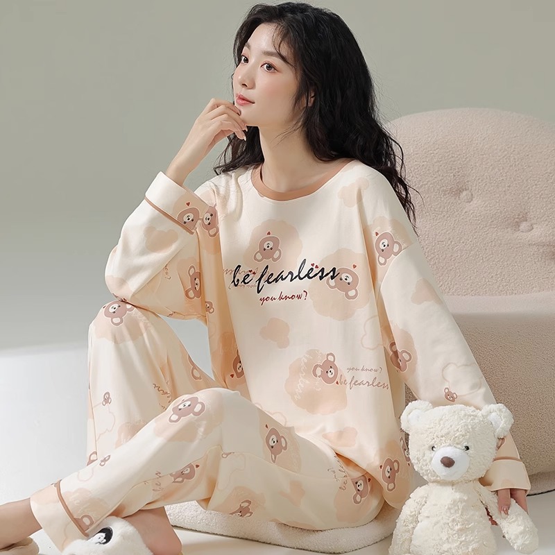 Plus Size Pajamas for Women, Spring and Autumn, Pure Cotton, Long-Sleeved, 2026 New Style, Cute Cartoon, Can Be Worn Outside, Home Wear Set