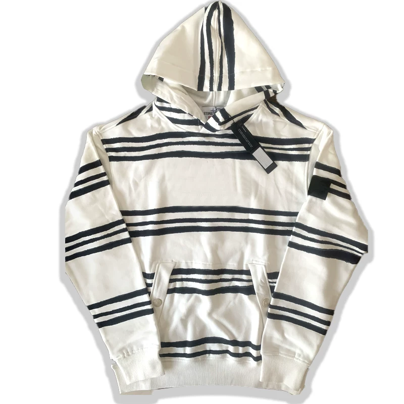 Retro striped hooded sweatshirt men's loose casual knitted jacket black slightly elastic white men's jacket for spring 2026