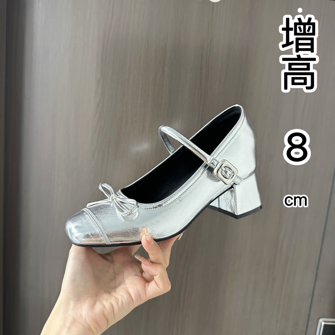 silver Mary Jane Thick Heel Plus 8cm New Elegant Commuter High Heels with Square Head Bow