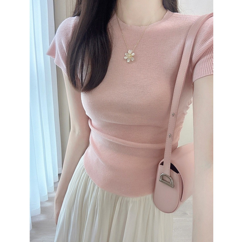 Right Shoulder Pink Ice Silk Short-Sleeved T-Shirt 1688 Summer French Chic Design Niche Slim Knitted Top for Women