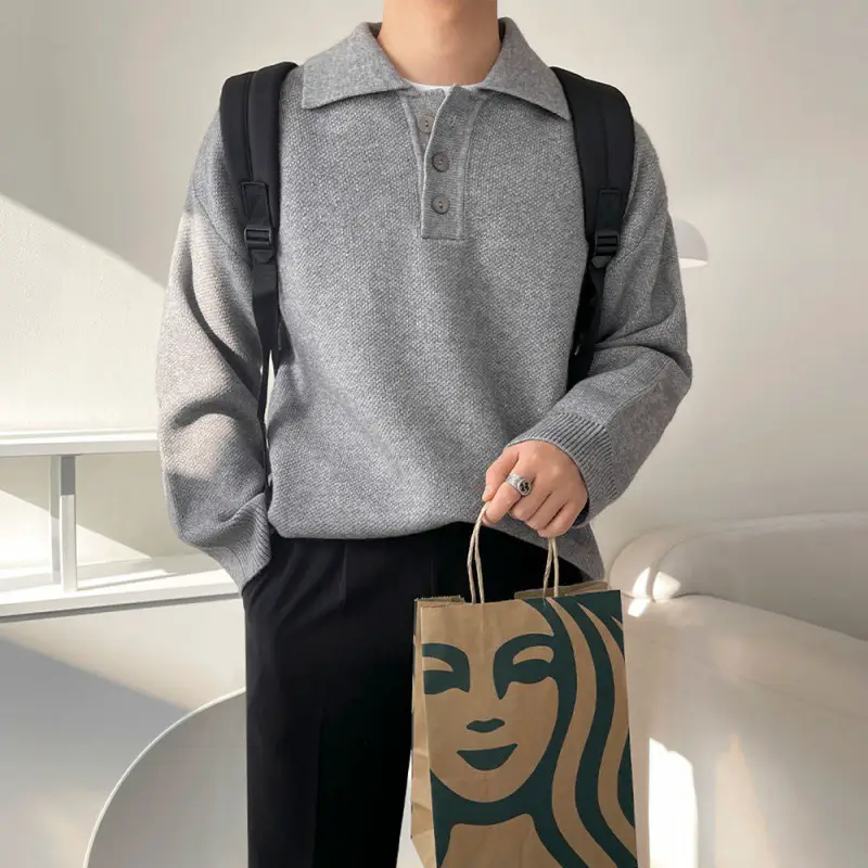 MYQ casual lapel sweater men's autumn new Korean style trendy loose lazy style long sleeve sweater