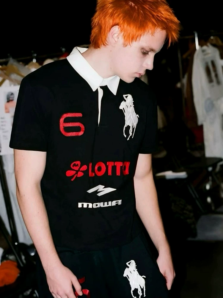 Mowalola Atl Opium Yvl Style Angel War Horse Embroidery Slim Fit Polo Shirt Short Sleeve T-Shirt Tee