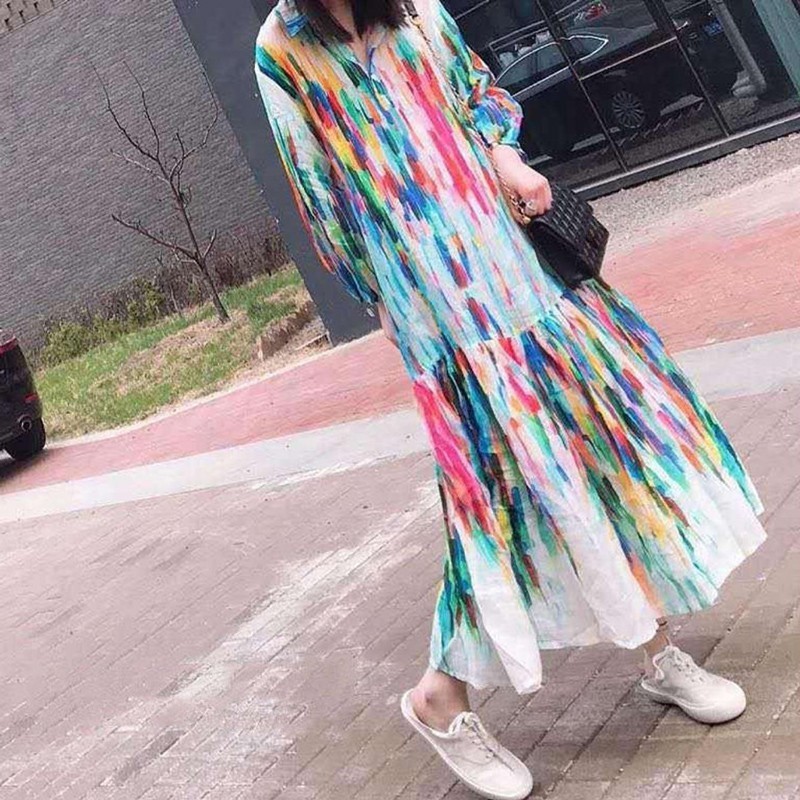 2026 New Women's Fashion Tie-Dye Graffiti Holiday Dress with a Turn-Down Collar, Super Fairy-Like French Style, Tummy-Concealing, Loose Long Dress for Women