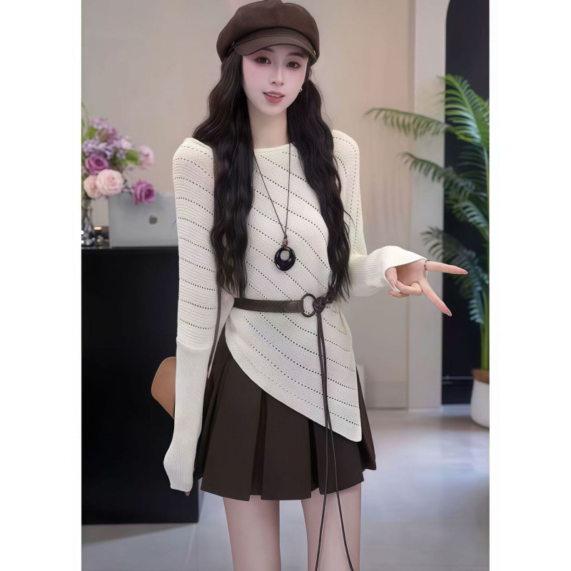 Casual Style Irregular Hem Hollow-Out Knit Sweater for Women, New Korean-Style Long-Sleeve Knit Top for Women, Autumn 2026